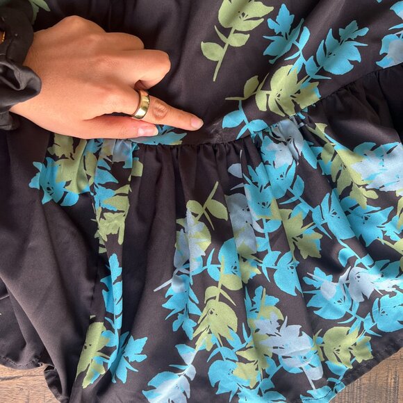 eShakti Sz L Custom Blue Green Floral Black Maxi Wrap Dress Bloomcore Boho - Picture 8 of 16